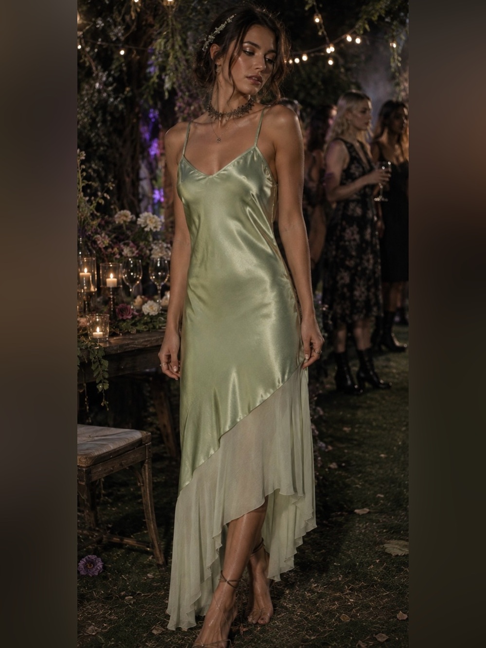 Laundry Shelli Segal Silk Dress S 6 Chartreuse Green Asymmetrical Slip Y2K Fairy - Picture 5 of 10